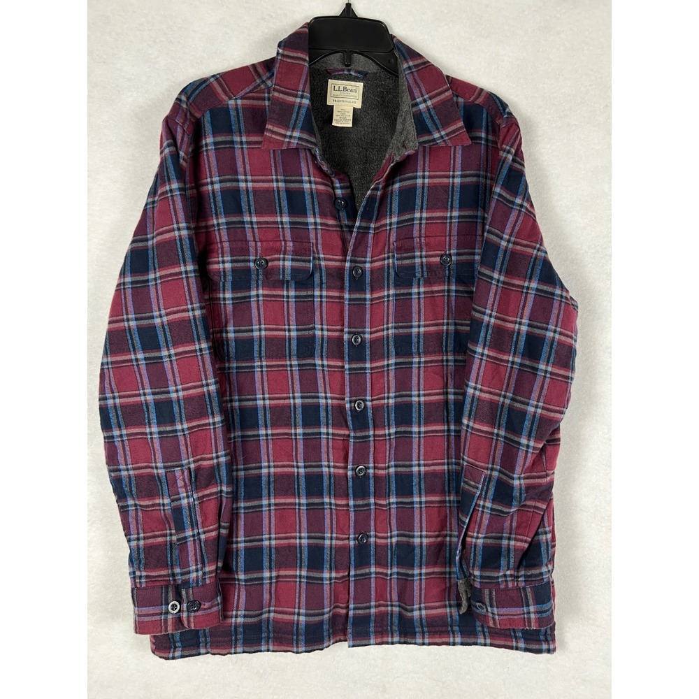 LL Bean Mens Traditional Fit Fleece Lined Flannel Shirt Plaid Burgundy M-REG
